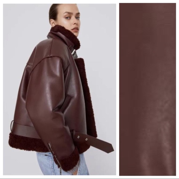 NWT. Zara Burgundy Faux Leather Double Faced Aviator Biker Jacket. Size XS. - Picture 3 of 12